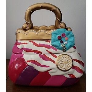 Vintage David's Cookies Ceramic Porcelain Pink/White Stripe Purse Cookie Jar